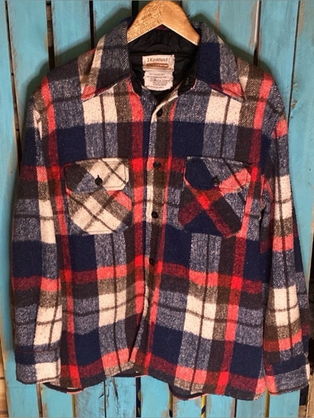 Vintage 70s Kentfield Outdoorsman plaid fleece CPO shirt size large big collar